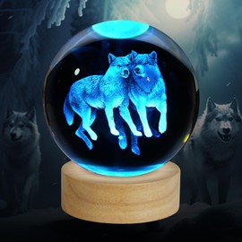ZXBLAQ 3D Wolf Crystal Ball Night Light - 3.15 Inch Glass Lamp With 16 Color LED Wooden Base, Statue Decor for Birthday, Holiday, Christmas Gifts
