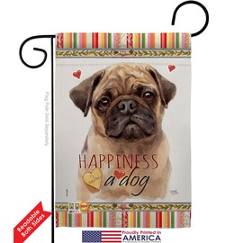 Fawn Pug Happiness Garden Flag Set with Stand Animals Dog Puppy Spoiled Paw Canine Fur Pet Nature Farm Animal Creature Small Decorative Gift Yard House Banner Double-Sided Made In USA 13 X 18.5