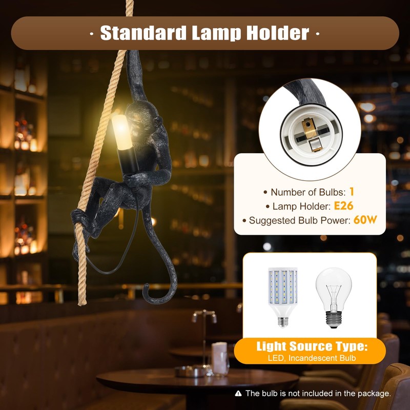 Resin Monkey Wall Light,Adjustable Height Resin Hemp Rope Pendant Lights