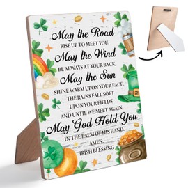 St Patricks Day Wooden Table Sign, May The Road Rise Up To Meet You, 5 x 7 Inch Irish Home Wall Decor, Shamrock Sign, St Patricks Day Decor for Home Office Bedroom - DF03