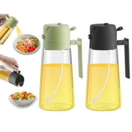 2 in 1 Olive Oil Dispenser and Oil Sprayer Premium Glass Oil Bottle with Non-Drip Spout Oil Mister for Cooking, Kitchen, Salad, Barbecue Green+Black 470ML/ 15.8fl.oz 2pcs