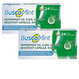 2 Pack of Buscomint Peppermint Oil 0.2ml Gastro Resistant Treatment, 24 Soft Capsules, Treats Painful Spasms, Bloating, and Trapped Wind and Abdominal Pain