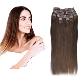 (35 cm - 55 cm) Clip-In Real Hair Extensions Set, 10 Pieces, 120 g, 100% Remy Real Hair for Hair Extensions, Straight Hairpieces (4#, Medium Brown, 45 cm)