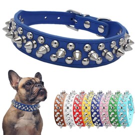 Spiked Dog Collar Soft PU Leather Rivet Spike Puppy Collar Studded Cat Collars Metal Buckle Adjustable For Small Medium Large Breed Pets Like Chihuahua Pug Pit Bull Bulldog, Blue S