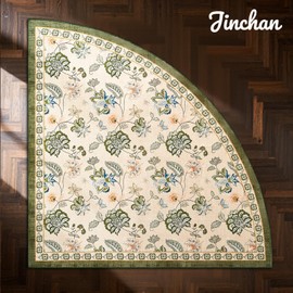 jinchan Floral Corner Rug for Living Room Washable Bedroom Rug Vintage Romance Design Non Slip Quarter Circle Lightweight Low-Pile Throw Carpet for Reading Nook Playroom,6ft Radius, Green/Beige