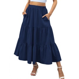 Zeagoo Skirt Women's Elegant Maxi Skirt Casual High Waist Long Skirt A-Line Skirts Summer Elastic Skirt with Pockets S-XXL, navy