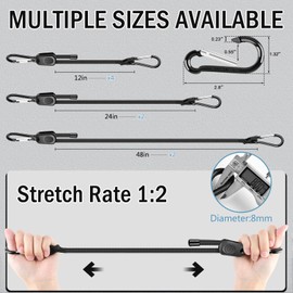 Adjustable Bungee Cords with Hooks 12/24/48 in, 1/3" Elastic Bungee Straps