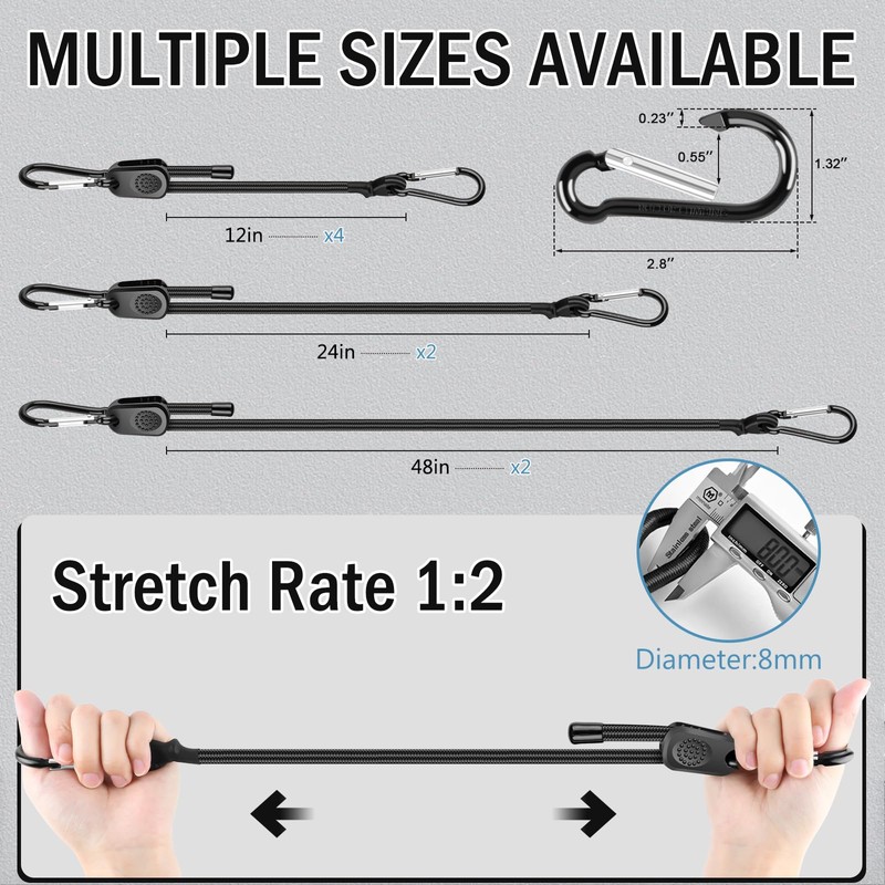 Adjustable Bungee Cords with Hooks 12/24/48 in, 1/3" Elastic Bungee