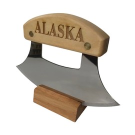 The Ulu Factory Alaska Birch Ulu Knife 6" Stainless Steel Blade with Block Wood Stand Alaska