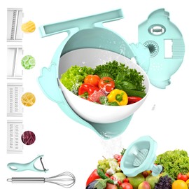 6 in 1 Colander with Mixing Bowl Set, Multifunction Food Strainers and Colander with Slicer, Pasta Rice Strainer, Fruit and Veggie Washer, Salad Spinner, Rotatable Kitchen Colander Strainer Bowl