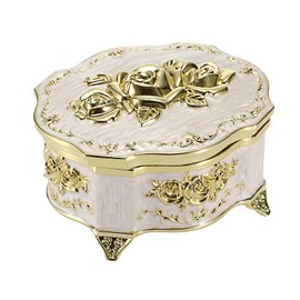 SUMNACON Metal Music Box Musical Jewelry Holder Keepsake Case, Beige Gold Vintage Musical Box Organizer Polygon Shape Rose Embossed Decorative Organizer for Birthday Wedding (Tune:You Are My Sunshine)