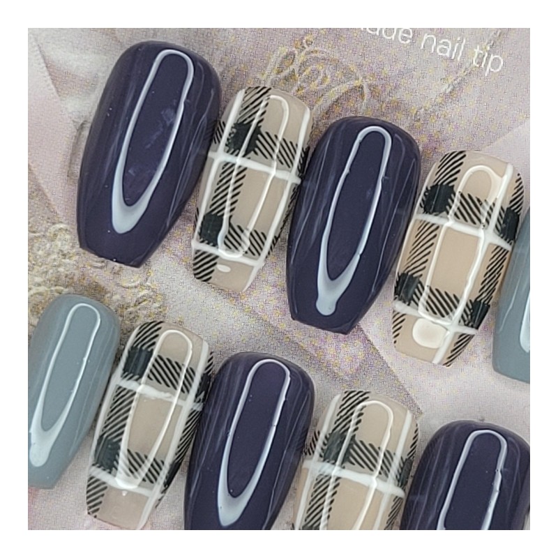 Achromatic check handmade nail tips - Square S / 무채색