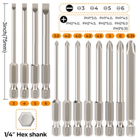 Hakkin 12PCS Screwdriver Bits Set S2 Steel Magnetic Screwdriver Bits 3 Inch Slotted Phillips 1/4" Hex Shank Screwdriver Bits for Power Screwdriver Drill Impact Driver