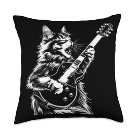 Cat Guitarist Guitar - Domestic Longhair Dad Mom Throw Pillow