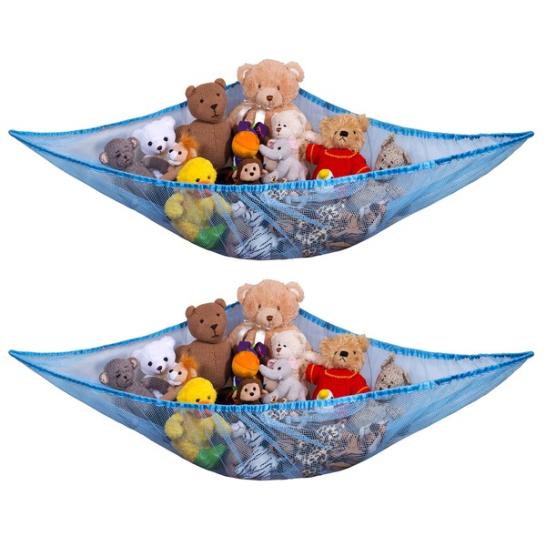 Jumbo Toy Hammock, Blue - Organize Stuffed Animals and Children's Toys with this Mesh Hammock. Great Decor while Neatly Organizing Kid's Toys and Stuffed Animals. Expands to 5.5 feet. (2-Pack)