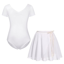 FONLAM Girls' ballet dress, ballet leotard, short sleeve dance dress, dance body, leotard, ballet skirt, tutu, children's ballet suit, cotton, White