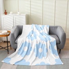 Cute Daisy Flowers All Season Bed Blanket,70s Retro Groovy Flannel Fleece Throw Blanket for Boys Girls,Cartoon Floral Blue Soft Plush Blanket Bedroom Sofa Dorm Decor,Twin 60"x80"