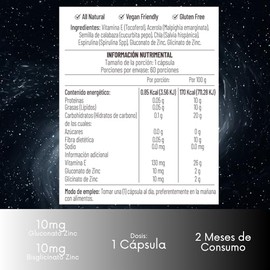 Zinc Bisglicinato + Gluconato con Superfoods Antioxidantes y Vitamina E | Zinc 20mg | Absorción Superior, 60 Cápsulas Veganas