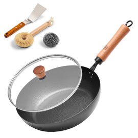 WANGYUANJI 11-Inch Hand-Hammered Iron Frying Pan with Lid and Spatula