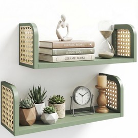 LUPWNEKA Green Rattan Shelf Set of 2, Cute Nursery Shelves Wall Mounted, Natural Hanging Bookshelf Storage, Boho Decorative Floating Shelves for Kids Room, Living Room, Play Room, Bedroom, Home Decor