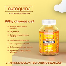 Vitamin D3 | 60 Lemon Flavour Gummies | Two Month Supply | 1000iu High Strength for Immune, Bones & Muscle Support | Suitable for 12+ Years by NUTRIGUMS®
