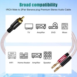 TEKERA RCA Male to Banana Plug Cable 2m, RCA to Banana 2 Male Y Splitter Cable, Hi-Fi Audio Speaker Wire for Amplifier, Subwoofer, and Home Theater Systems, Gold-Plated and Double Shielded