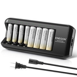 ENEGON Cargador Pilas Recargables AA y AAA, Rápido 8 Ranuras con 4 Pilas Recargables AAA 1100mAh y 4 AA 2800mAh Ni-MH Pre-Cargadas Alta Capacidad para Hogar Juguetes y Electrónica