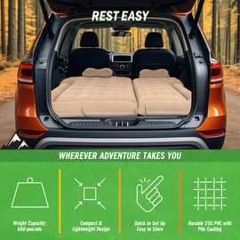 Wakeman Inflatable Mattress - Car Air Mattress for SUV or Tent with Aux Outlet Pump and 2 Inflatable Pillows - Car Camping Gear Outdoors (Beige)