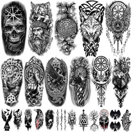 77 Blätter temporäre Wikinger-Tattoos für Erwachsene, nordische keltische Tattoos, Tribal Fake Tattoo-Aufkleber für Wikingerkostüme, nordischer Yggdrasil Valknut Fake Arm Tattoo-Aufkleber