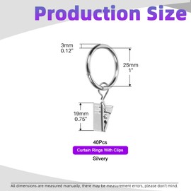 Swpeet 40 Pack Silver Curtain Rings with Clips, Curtain Clip Rings Hooks, Bow Hanger Clips, Hangers Drapes Rings for Hanging Drapery Drapes Bows, Ring 1" Interior Diameter, Fits up to 0.8" Rod