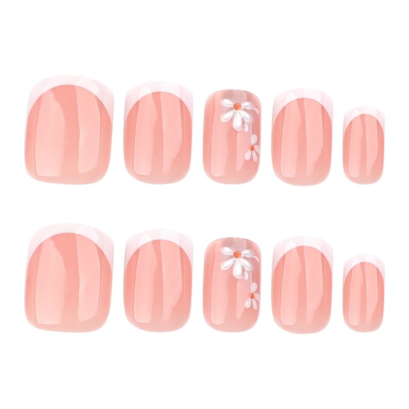 24 Pcs Pink Press On Nails Short Square,YEFIUO White French