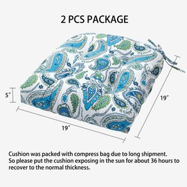 Magpie Fabrics Outdoor/Indoor Tufted Seat Cushion with Ties Set of 2, 19"x19" Waterproof Patio Chair Pads Tatami Floor Pillow for Room Garden Balcony Office Decor(Paisley Blue)