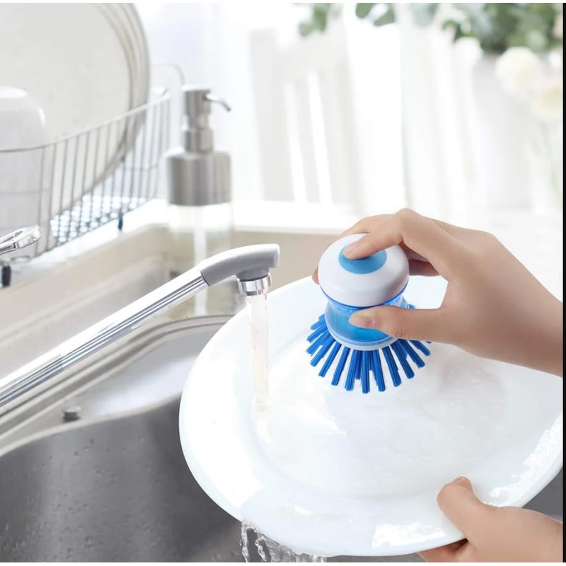 Dish Brush with Soap Dispenser, Blue, 3 Pieces, for Dishes,