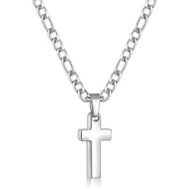 Fiusem Silver Tone Cross Necklace for Men, Stainless Steel Mens Cross Necklaces with 3.5mm Figaro Chain, Tiny Pendant Chain 20 Inch