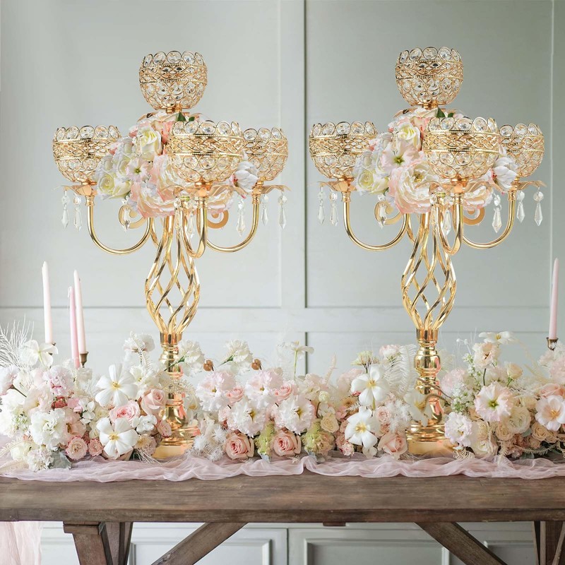 Crystal Candelabra Centerpiece, 5-Light Gold Metal Stand with Hanging Crystals,