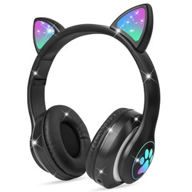 AXFEE Kinderkopfhörer Bluetooth, Mädchen Katzenohr Kopfhörer Over-Ear mit LED-licht Faltbare Stereo Kopfhörer Kabellose, Kopfhörer Kinder mit Mikrofon, Micro SD/TF, für Handy/Tablet/PC
