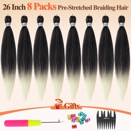 BARSDAR Pre Stretched Braiding Hair, 66 cm, 8 Packs Ombre Blonde Braiding Hair Extension, Yaki Hot Water Setting EZ Braids, Synthetic Crochet Braids or Box Braids for Twist - T1B/613#