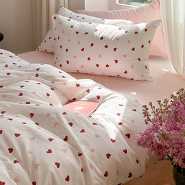 Lanqinglv Bed Linen Set, Girls’, Children’s, White, Pink, Red, Hearts, Microfiber, OEKO-TEX, Soft, 155 x 220 cm Duvet Cover with Zip and 1 Pillowcase, 80 x 80 cm