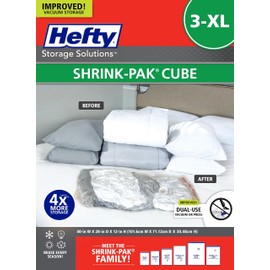 Hefty Shrink-Pak Vacuum Storage Bags – For Clothes, Pillows, Towels, Blankets & More – Space Saver Vacuum Suction Sealer Bags for Home or Travel – 3 XL Cubes, 40 x 28 x 12 Inches