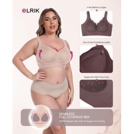 OLRIK Bras for Older Women Full Coverage Wireless Comfort Back Fat Smoothing Wide Supportive Straps Wirefree No Underwire T-Shirt Bralettes with Bra Extenders 4 Hook Nude-2XL