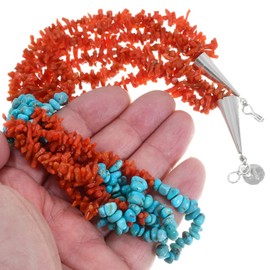 Navajo Coral Turquoise Nugget Chip Necklace Three Strander 1330