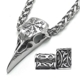 Gungneer Norse Viking Raven Skull Necklace Stainless Steel Thor Hammer Mjolnir Jewelry For Men Women, Viking Beard Beads Gift