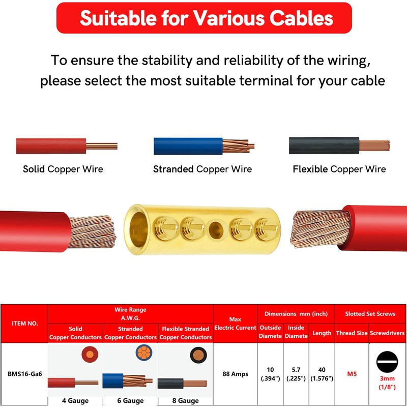 BAALA 6 Gauge Wire Butt Connectors Kit Pure Brass, 6PCS