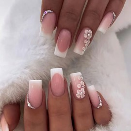 BABALAL Square Press on Nails Medium Fake Nails Pink French Glue on Nails Squoval Acrylic Nails Rhinestones Stick on Nails for Women and Girls