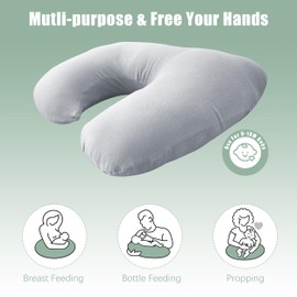 MOIICARE Muslin Nursing Pillow for Breastfeeding, 100% Cotton Cover Original Plus Size Breastfeeding Pillows for More Support for Mom and Baby, Removable Muslin Cover, Slate