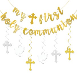 First Holy Communion Set, First Communion Banner, Cross Hanging Swirls Decoration, Confirmation Decorations, Confirmation Hanging Swirl Decoration for Outdoor Indoor Background Baptism Decor