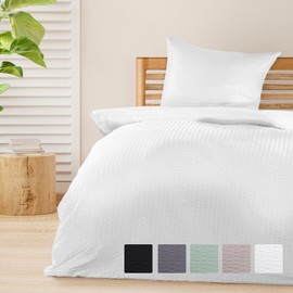 Beautissu Seersucker 2-Piece Bed Linen Set 155 x 220 cm Meline - Non-Iron Duvet Cover with Zip Cooling Summer Bed Linen - Breathable & Skin-Friendly Pillows & Duvet Cover White