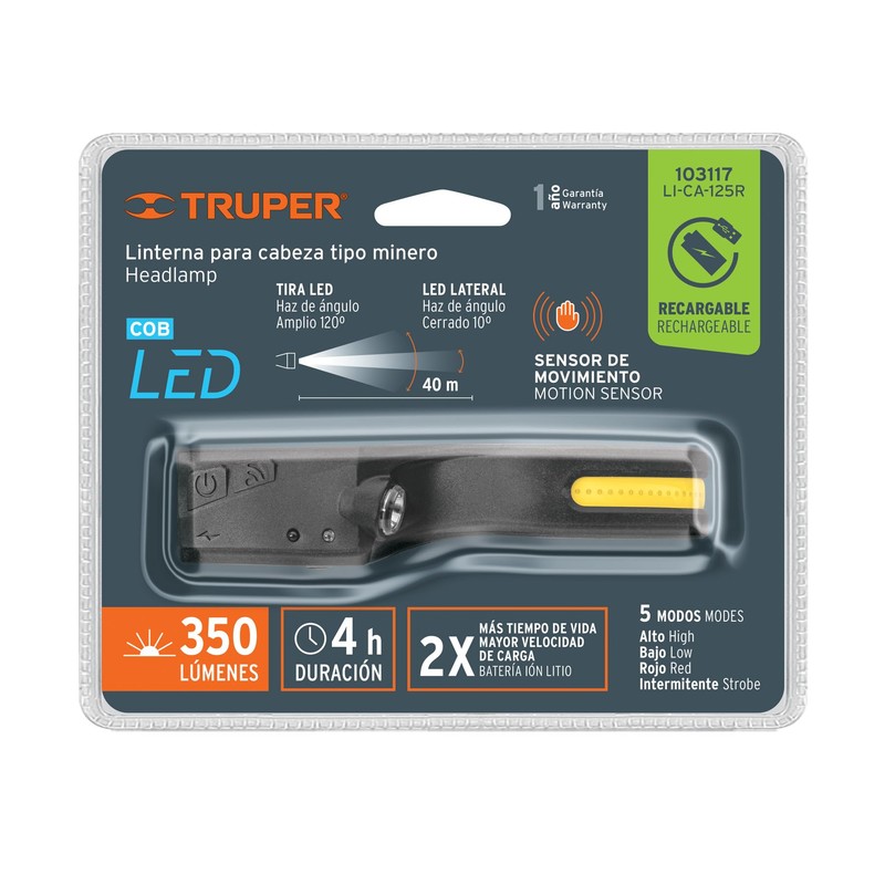 Truper LI-CA-125R, Linterna de minero 125 lúmenes recargable con sensor