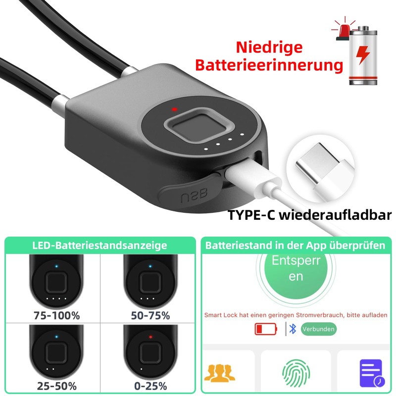 Anweller Fingerprint Cable Lock, Padlock with 38 cm Steel Cable,