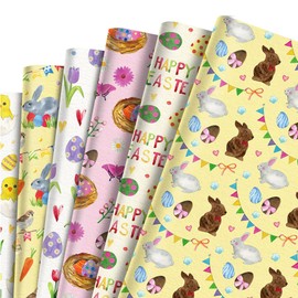 XMBHHRM 20 x 27 Inches Easter Bunny Wrapping Paper, 12 Sheets Spring Rabbit Egg Flower 6 Design Double-Sided Watercolor Style Pattern Folded Flat Wrap Paper for Festival Decoration Party Packing
